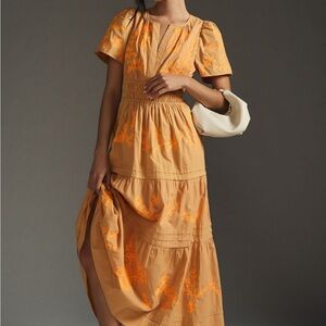 Anthropologie Somerset Orange Embroidered Tiered Maxi Dress